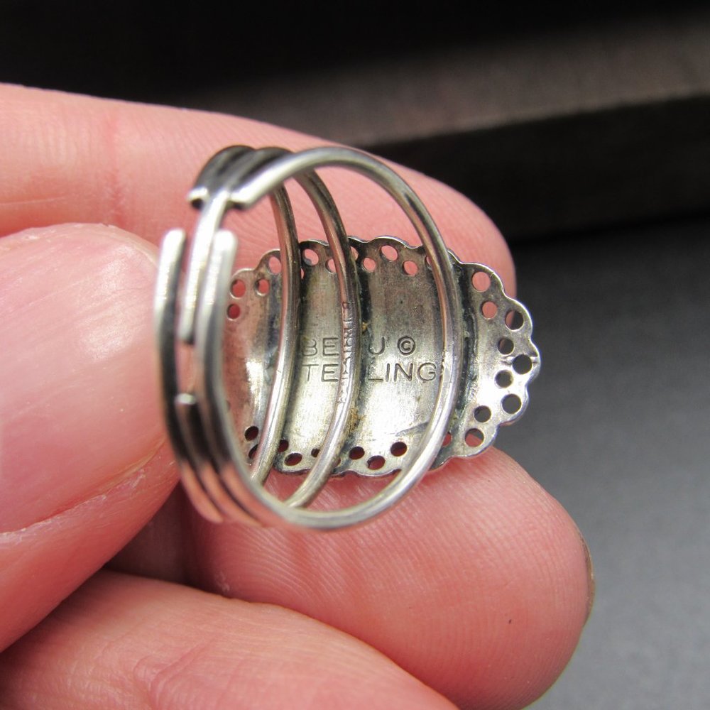 Size 5.75 Sterling Silver Ornate Pink White Stone Adjustable Band Ring Vintage - Picture 5 of 8